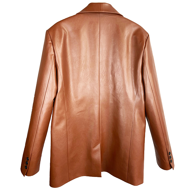 时尚棕色pu皮革超大双排胸前西装外套